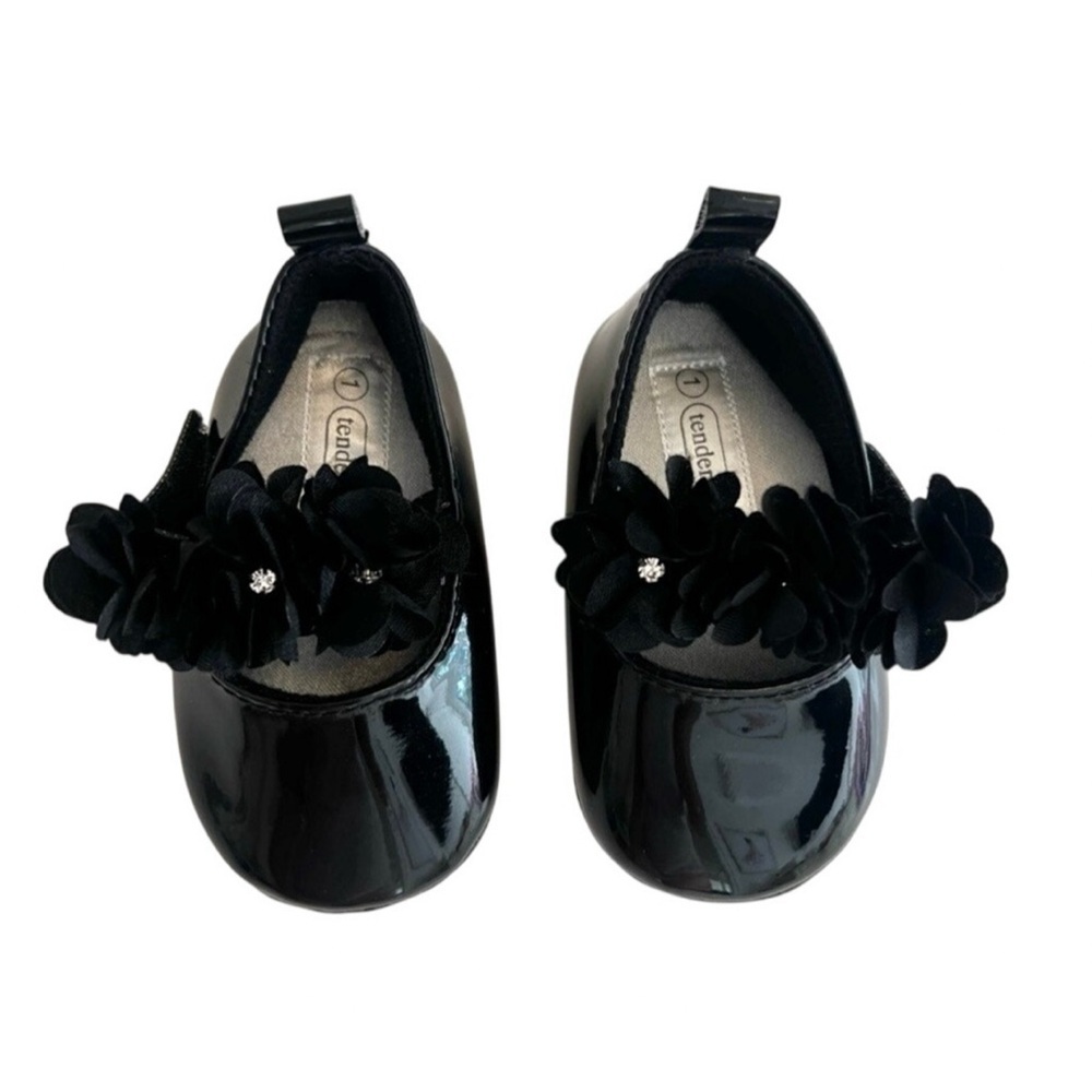 (NWOT) Elegant Baby Girl Black Dress Shoes w/Floral & Rhinestone Details, Size 1